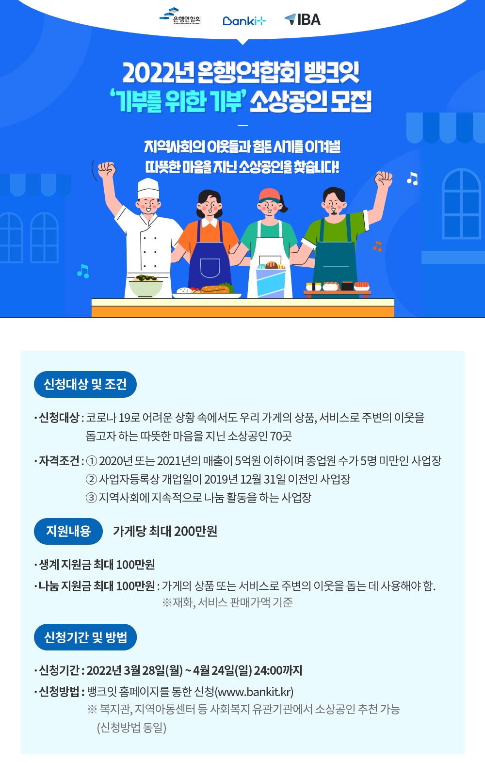 2022년 은행연합회 뱅크잇 '기부를 위한 기부'소상공인 모집. 신청 대상 : 코로나 19로 어려운 상황속에서도 우리 가게의 상품, 서비스로 주변 이웃을 돕고자 하는 따뜻한 마음을 지닌 소상공인 70곳. 자격조건 : 1) 2020년 또는 2021년 매출이 5억 원 이하이며 종업원 수가 5명 미만인 사업장 2) 사업자등록상 개업일이 2019년 12월 31일 이전인 사업장 3) 지역사회에 지속적으로 나눔 활동을 하는 사업장 지원내용 : 가게당 최대 200만원 (생계지원금 최대 100만원, 나눔지원금 최대 100만원, 가게의 상품 또는 서비스로 주변의 이웃을 돕는데 사용해야함) 신청 기간 : 2022.03.28 ~ 2022.04.24 신청 방법 : 뱅크잇 홈페이지를 통한 신청