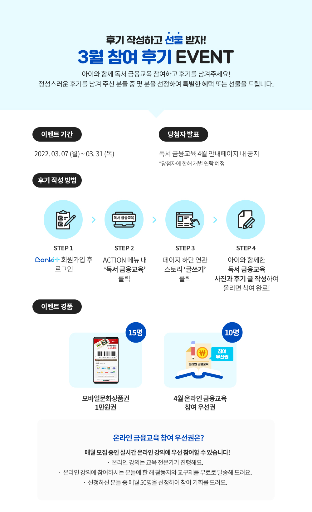 후기 작성하고 선물 받자! 3월 참여 후기 EVENT 이벤트 기간 2022년3월7일부터3월31일까지 당첨자 발표 독서금융교육 4월 안내페이지 내 공지 후기작성 방법 1.회원가입 후 로그인 2.ACTION메뉴 내 독서금융교육 클릭 3.페이지 하단 연관스토리 글쓰기 클릭 4. 이아와 함께한 독서금융교육 사진과 후기글 작성하여 올리면 참여완료! 이벤트 경품 모바일문화상품권 1만원권 15명, 4월 온라인 금융교육 참여우선권 10명